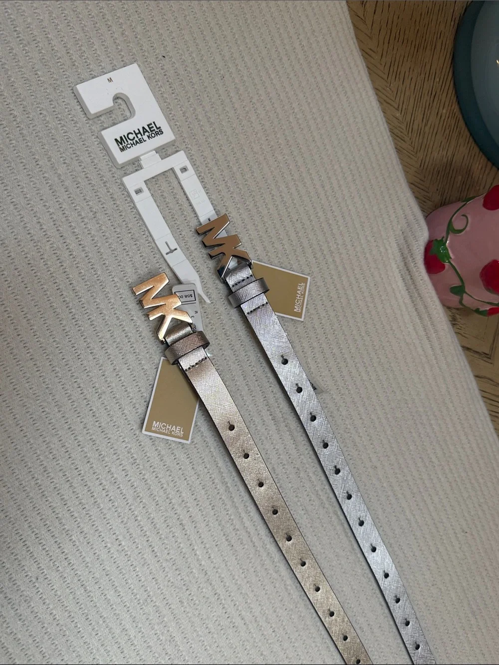 Michael Kors Metallic   Gold and  Silver MK Logo Skinny Belt